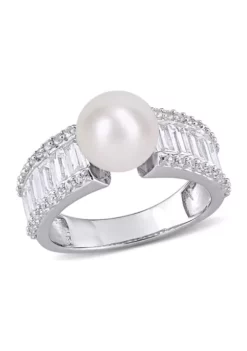 Best Pirce 🔔 8-8.5 Millimeter Cultured Freshwater Pearl and 2.4 ct. t.w. Created White Sapphire Engagement Ring in Sterling Silver by Belk & Co. 🤩