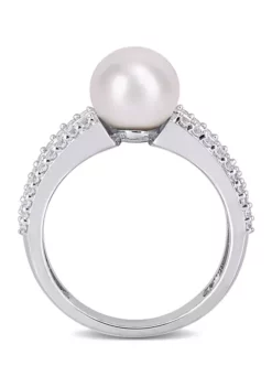 Best Pirce 🔔 8-8.5 Millimeter Cultured Freshwater Pearl and 2.4 ct. t.w. Created White Sapphire Engagement Ring in Sterling Silver by Belk & Co. 🤩 -DealsBelk & Co. Store Belk 20340