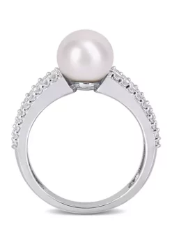 Best Pirce 🔔 8-8.5 Millimeter Cultured Freshwater Pearl and 2.4 ct. t.w. Created White Sapphire Engagement Ring in Sterling Silver by Belk & Co. 🤩 -DealsBelk & Co. Store Belk 20341