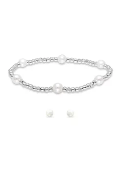 Deals 👏 Fresh Water Pearl and Silver Bead Strand Stretch Bracelet and Stud Earrings 2PC SET, Sterling Silver by Belk & Co. ❤️ -DealsBelk & Co. Store Belk 20480