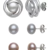 Best Sale ✨ White, Gray, Pink Cultured Freshwater Pearl and Love Knot Jacket 3-Pair Earring Set in Sterling Silver by Belk & Co. 😍