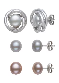 Best Sale โจ White, Gray, Pink Cultured Freshwater Pearl and Love Knot Jacket 3-Pair Earring Set in Sterling Silver by Belk & Co. ๐