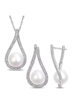 Wholesale 🔥 2-Piece Set 9-9.5 Millimeter Cultured Freshwater Pearl And 1/2 ct. t.w. Diamond Teardrop Earrings and Necklace In 14K White Gold by Belk & Co. 🌟