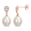 Promo 🛒 9-9.5mm Cultured Freshwater Pearl 1/2 CT TGW Morganite and 1/7 CT TDW Diamond Drop Earrings in 14k Rose Gold by Belk & Co. ✔️