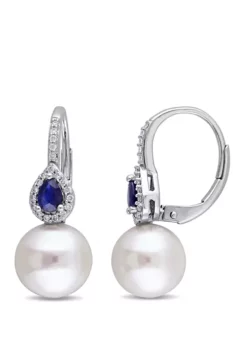 New ๐ Pearl, 3/8 ct. t.w. Sapphire, and 1/8 ct. t.w. Diamond Earrings in 14K White Gold by Belk & Co. โค๏ธ