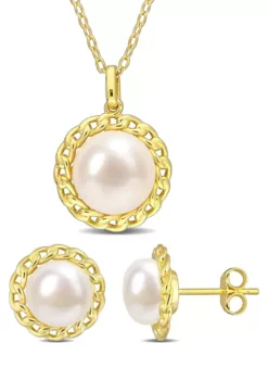 Deals 👍 8-9.5mm Cultured Freshwater Pearl 2-PC Stud Earrings and Pendant w/Chain Set in Yellow Plated Sterling Silver by Belk & Co. 🎁 -DealsBelk & Co. Store Belk 20927