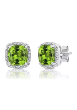 Deals 👍 7 Millimeter Cushion Cut Peridot and Diamond Accent Halo Stud Earrings in Sterling Silver by Belk & Co. ⭐