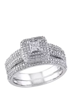 Budget ⌛ 2 Piece 1/2 ct. t.w. Diamond Princess Cut Halo Bridal Set in 14k White Gold by Belk & Co. 🎁