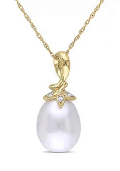 Hot Sale 🌟 9-10 Millimeter Cultured Freshwater Pearl and Diamond Accent Twist Pendant with Chain in 10k Yellow Gold by Belk & Co. 🔥 -DealsBelk & Co. Store Belk 21365