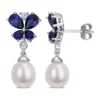 Wholesale 💯 8-8.5 Millimeter Cultured Freshwater Pearl and Created Sapphire Butterfly Drop Earrings in Sterling Silver by Belk & Co. 🎁