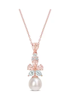 Best deal 🎁 9.5-10mm Freshwater Cultured Pearl and 2 3/4 CT TGW Morganite White Topaz & Aquamarine Floral Drop Pendant in 18k Rose Gold Plated Sterling Silver by Belk & Co. 🔔