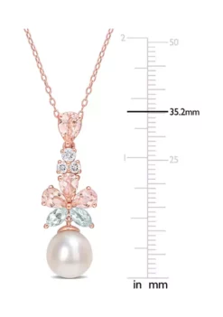Best deal 🎁 9.5-10mm Freshwater Cultured Pearl and 2 3/4 CT TGW Morganite White Topaz & Aquamarine Floral Drop Pendant in 18k Rose Gold Plated Sterling Silver by Belk & Co. 🔔 -DealsBelk & Co. Store Belk 21412