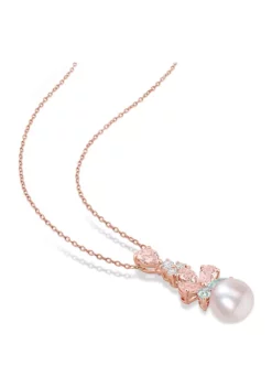 Best deal 🎁 9.5-10mm Freshwater Cultured Pearl and 2 3/4 CT TGW Morganite White Topaz & Aquamarine Floral Drop Pendant in 18k Rose Gold Plated Sterling Silver by Belk & Co. 🔔 -DealsBelk & Co. Store Belk 21413