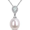 Promo 🛒 9 to 9.5 Millimeter Cultured Freshwater Pearl, 1/5 ct. t.w. Aquamarine and 1/10 ct. t.w. Diamond Accent Drop Pendant with Chain in 10k White Gold by Belk & Co. 🎁
