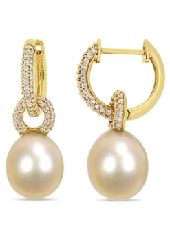 Best Pirce ❤️ 9-9.5MM Golden South Sea Cultured Pearl and 1/2 ct. t.w. Diamond Hoop Earrings in 14K Yellow Gold by Belk & Co. 👏 -DealsBelk & Co. Store Belk 21555