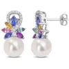 Cheap 🔔 9-9.5MM White Freshwater Cultured Pearl, 1.7 ct. t.g.w. Multi-Color Sapphire and 1/8 ct. t.w. Diamond Stud Earrings in 14K White Gold by Belk & Co. ⌛