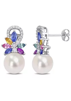 Cheap 🔔 9-9.5MM White Freshwater Cultured Pearl, 1.7 ct. t.g.w. Multi-Color Sapphire and 1/8 ct. t.w. Diamond Stud Earrings in 14K White Gold by Belk & Co. ⌛