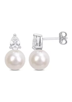 Best Pirce 💯 Lab Created 8.5-9mm White Freshwater Cultured Pearl and 1 1/3 CT TGW Created White Sapphire Stud Earrings in Sterling Silver by Belk & Co. ⭐
