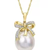 Outlet 🔔 12-12.5mm South Sea Cultured Pearl and 1/10 CT TW Diamond Bow Pendant with Chain in 10k Yellow Gold by Belk & Co. 🛒