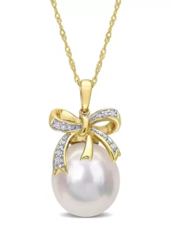 Outlet 🔔 12-12.5mm South Sea Cultured Pearl and 1/10 CT TW Diamond Bow Pendant with Chain in 10k Yellow Gold by Belk & Co. 🛒