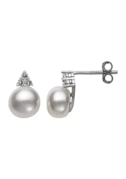 Flash Sale 😀 8-9 Millimeter Cultured Freshwater Pearl and Lab Created Sapphire Earrings in Sterling Silver by Belk & Co. 🛒