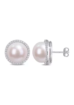 Hot Sale 🛒 12.5-13mm Freshwater Cultured Pearl and 1/2 CT TDW Diamond Halo Stud Earrings in Sterling Silver by Belk & Co. 👏