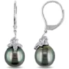 Best Sale ✨ 9-10 Millimeter Tahitian Cultured Pearl and Diamond Accent Leaf Earrings in 10k White Gold by Belk & Co. ⭐