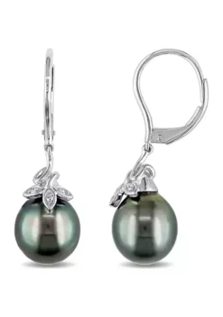 Best Sale ✨ 9-10 Millimeter Tahitian Cultured Pearl and Diamond Accent Leaf Earrings in 10k White Gold by Belk & Co. ⭐ -DealsBelk & Co. Store Belk 22082