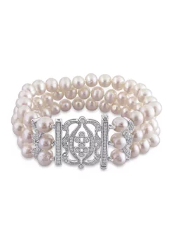 Best Sale 🌟 6.5 - 7 MM White Cultured Freshwater Pearl Bracelet with Cubic Zirconia in Sterling Silver by Belk & Co. ⭐