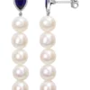 Best Sale ❤️ Lab Created 7-7.5mm Cultured Freshwater Pearl and 2 1/3 CT TGW Created Blue Sapphire Linear Earrings in Sterling Silver by Belk & Co. ✨