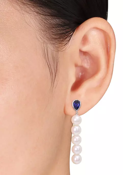 Best Sale ❤️ Lab Created 7-7.5mm Cultured Freshwater Pearl and 2 1/3 CT TGW Created Blue Sapphire Linear Earrings in Sterling Silver by Belk & Co. ✨ 2 Best Sale ❤️ Lab Created 7-7.5mm Cultured Freshwater Pearl and 2 1/3 CT TGW Created Blue Sapphire Linear Earrings in Sterling Silver by Belk & Co. ✨ - Image 2