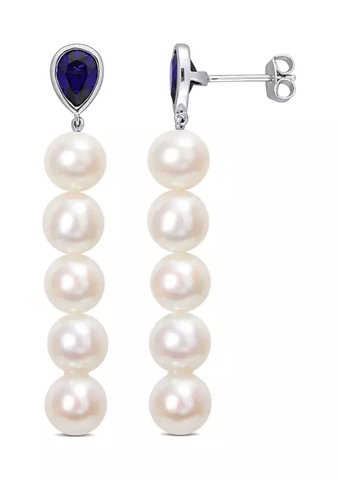 Best Sale ❤️ Lab Created 7-7.5mm Cultured Freshwater Pearl and 2 1/3 CT TGW Created Blue Sapphire Linear Earrings in Sterling Silver by Belk & Co. ✨ 5 Best Sale ❤️ Lab Created 7-7.5mm Cultured Freshwater Pearl and 2 1/3 CT TGW Created Blue Sapphire Linear Earrings in Sterling Silver by Belk & Co. ✨ - Image 5
