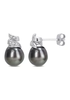 Hot Sale 💯 8-9mm Black Tahitian Cultured Pearl and Diamond Accent Swirl Stud Earrings in Sterling Silver by Belk & Co. 😉