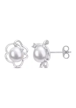 Hot Sale 🎉 Lab Created 7.5-8mm Freshwater Cultured Pearl and Created White Sapphire Floral Stud Earrings in Sterling Silver by Belk & Co. 😉 -DealsBelk & Co. Store Belk 22370