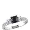 Discount 🎉 4/5 ct. t.w. Black and White Diamond and 1/3 ct. t.w. Lab Created White Sapphire 3 Stone Engagement Ring in 10K White Gold by Belk & Co. ⌛