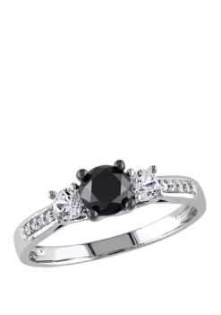 Discount 🎉 4/5 ct. t.w. Black and White Diamond and 1/3 ct. t.w. Lab Created White Sapphire 3 Stone Engagement Ring in 10K White Gold by Belk & Co. ⌛