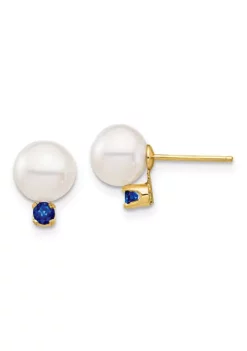 Budget 🎉 1/5 ct. t.w. Sapphire and 7-7.5mm White Round Freshwater Cultured Pearl Post Earrings in 14K Yellow Gold by Belk & Co. 🔔 -DealsBelk & Co. Store Belk 22466