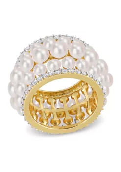 Wholesale 🥰 Freshwater Cultured Pearl and 1.6 ct. t.w. Created White Sapphire Triple Row Ring in Yellow Plated Sterling Silver by Belk & Co. ⭐