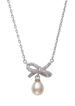 Brand new ๐ 6-7 Millimeter Cultured Freshwater Pearl and Lab Created Sapphire Bow 18 Inch Necklace in Sterling Silver by Belk & Co. ๐