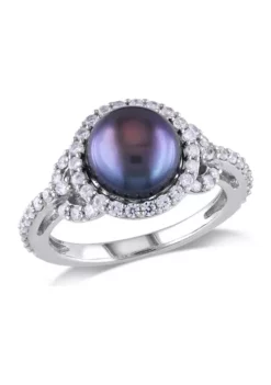 Coupon 👍 8.5-9 MM Black Cultured Freshwater Pearl and Cubic Zirconia Ring in Sterling Silver by Belk & Co. ⌛