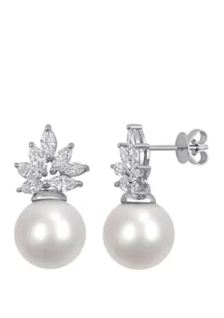 Promo ๐ 11-12 Millimeter Cultured South Sea Pearl and 1.5 ct. t.w. ct. t.w. Diamond Cluster Earrings in 14K White Gold by Belk & Co. ๐