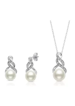 Buy ✔️ Sterling Silver Cultured Freshwater Pearl and Diamond Accent Pendant Necklace and Drop Earring Jewelry Set by Belk & Co. 😀