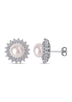Buy 🛒 8.5-9 MM Cultured Freshwater Pearl and Cubic Zirconia Floral Halo Stud Earrings in Sterling Silver by Belk & Co. 👍