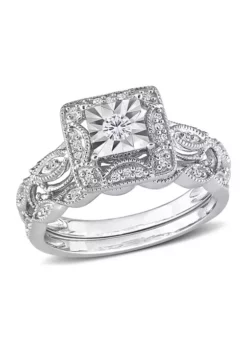 Promo 😀 1/5 CT TW Diamond Square Halo Bridal Ring Set in Sterling Silver by Belk & Co. 🎉