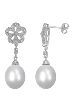 Wholesale 🛒 Pearl and 1/10 ct. t.w. Diamond Floral Vintage Drop Earrings in Sterling Silver by Belk & Co. 🔥