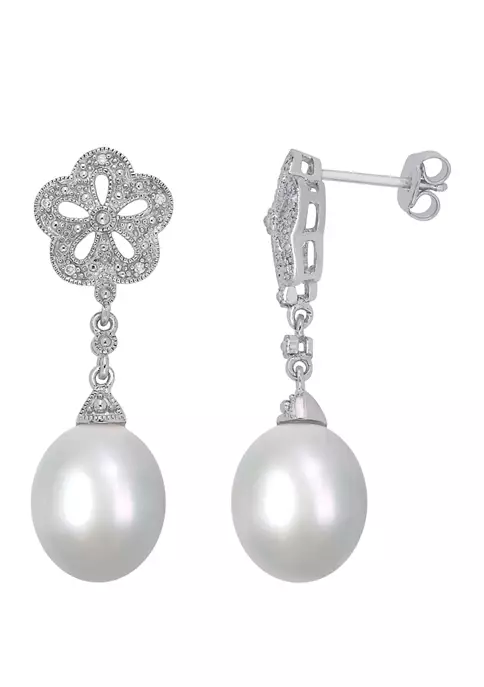 Wholesale 🛒 Pearl and 1/10 ct. t.w. Diamond Floral Vintage Drop Earrings in Sterling Silver by Belk & Co. 🔥 4 Wholesale 🛒 Pearl and 1/10 ct. t.w. Diamond Floral Vintage Drop Earrings in Sterling Silver by Belk & Co. 🔥 - Image 4