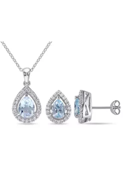 Coupon 🎁 Lab Created 2-Piece Set of 3.9 ct. t.g.w. Sky Blue Topaz and Created White Sapphire Teardrop Halo Pendant with Chain and Stud Earrings in Sterling Silver by Belk & Co. 🔔