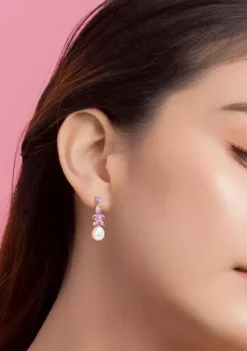 Best Pirce ⭐ Amethyst, White Topaz and Rose de France and 8.5 - 9 MM White Cultured Freshwater Pearl Drop Earrings in 18k Rose Gold Plated Sterling Silver by Belk & Co. ❤️ -DealsBelk & Co. Store Belk 23468