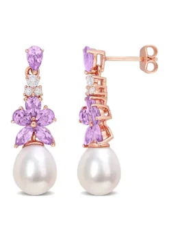 Best Pirce ⭐ Amethyst, White Topaz and Rose de France and 8.5 - 9 MM White Cultured Freshwater Pearl Drop Earrings in 18k Rose Gold Plated Sterling Silver by Belk & Co. ❤️ -DealsBelk & Co. Store Belk 23469