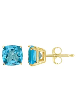 Best Sale 😀 14K Yellow Gold 6mm Cushion Blue Topaz Stud Earrings by Belk & Co. 🔔